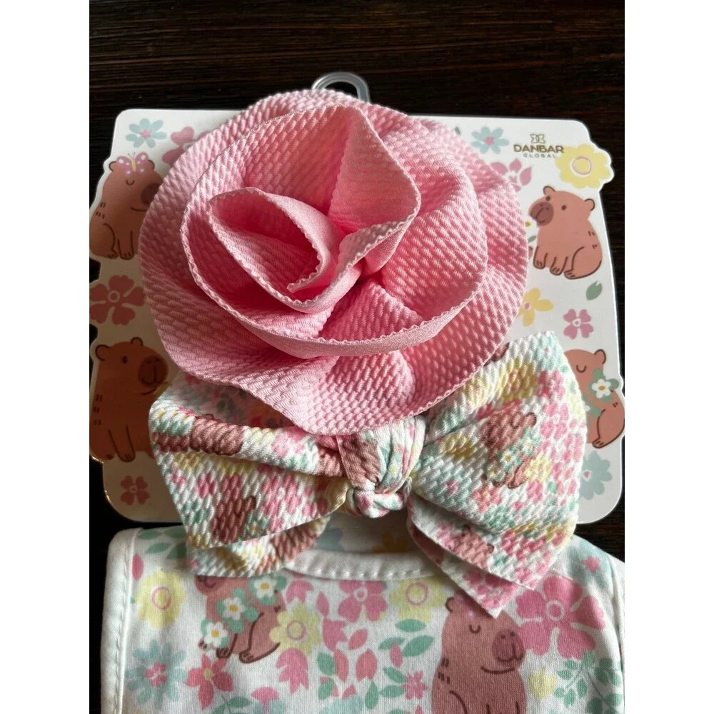 Ava Olivia Baby Girl Bib and Headband 4 PC Set Pink Rose and Floral Bow NEW